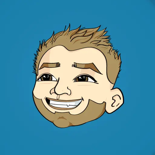 Drawn avatar of person with brown hair, brown eyes, and facial hair on a blue background.